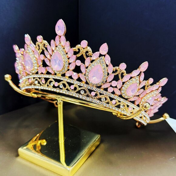 Gold Crown Crystal Tiara, Princess Crown, Gold Wedding Tiara, Wedding Pink Crown main image 6